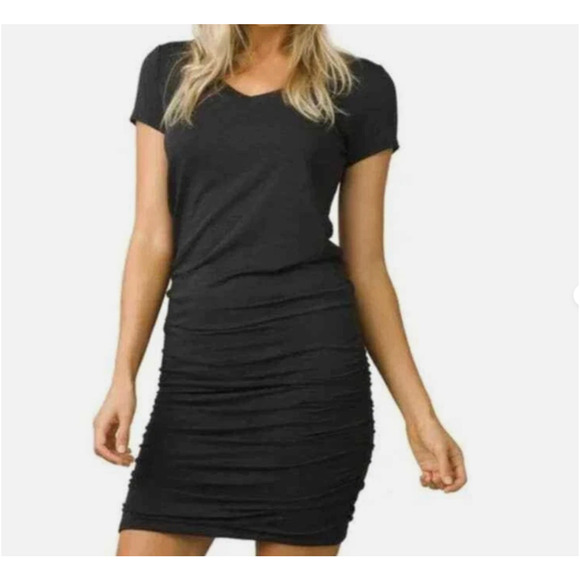 Prana T-shirt Dress Womens Large Blue Gray Foundation V-Neck Ruched W31180370 - Picture 1 of 11